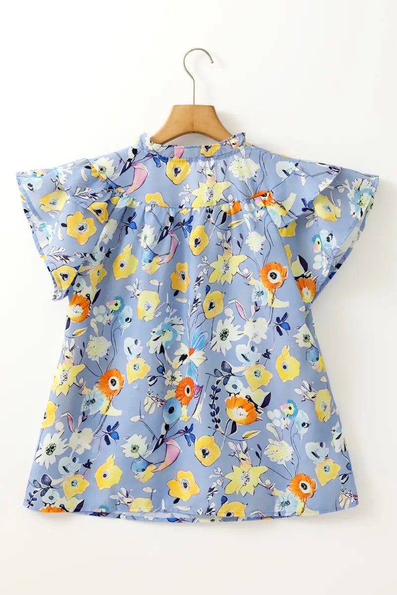 Sky Blue Flutter Sleeve V Neck Floral Top for Women - Love Salve